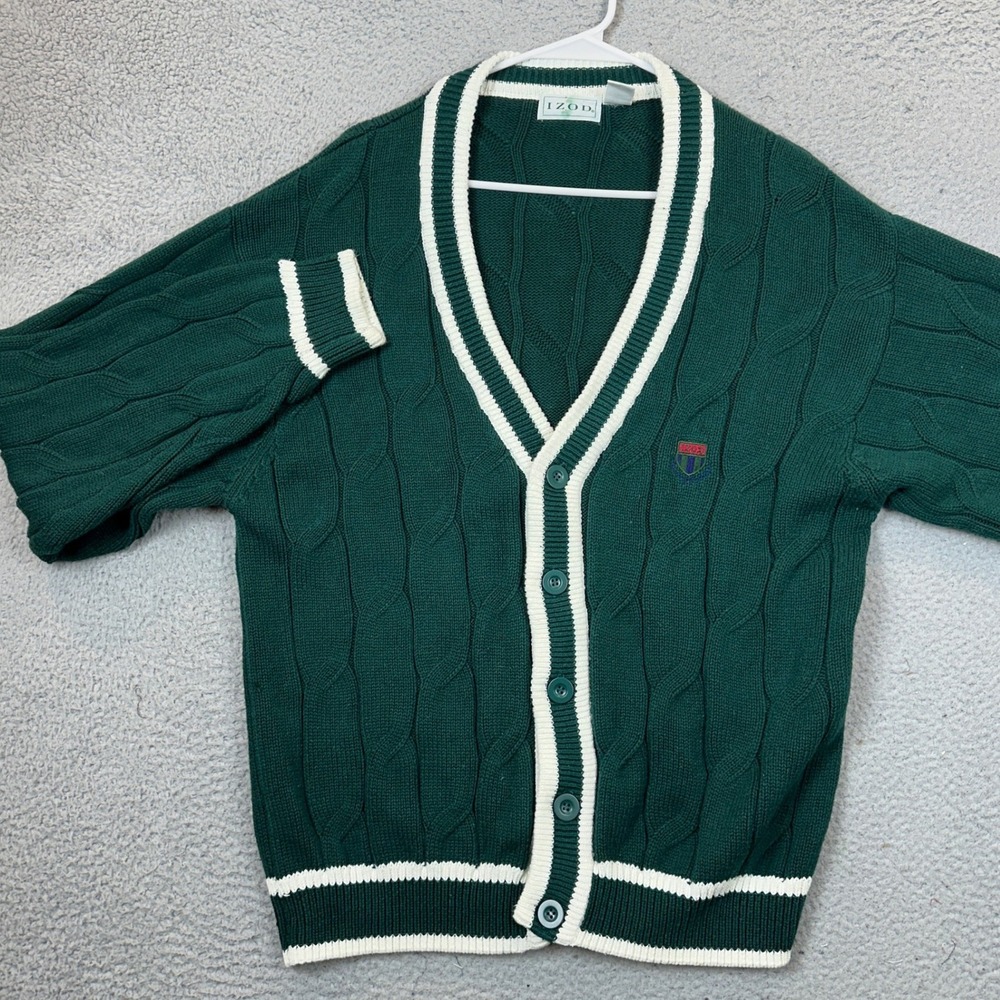Vintage Izod Cardigan Mens Large Green White Cable Knit Button Down V-Neck EUC